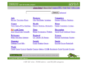 Screenshot showing the front page of the Dmoz directory